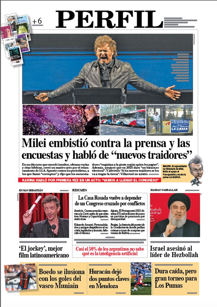 La tapa de Diario PERFIL del domingo 29 de septiembre de 2024