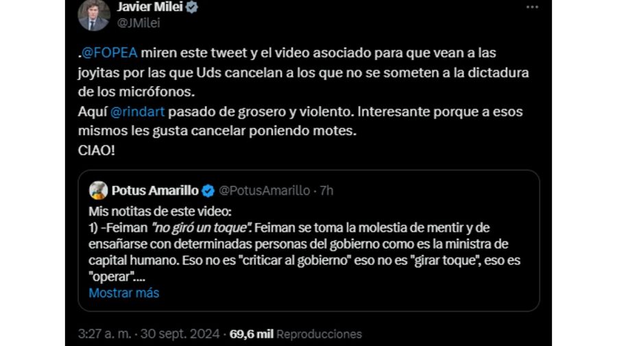 Críticas de Javier Milei contra el periodismo 20240930