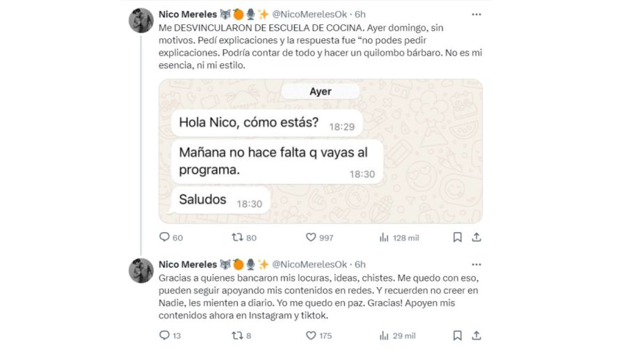 Nicolás Mereles anunció que fue desvinculado de Escuela de cocina