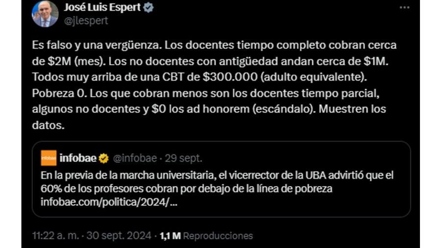 El tuit de Espert contra Yacobitti 20241001