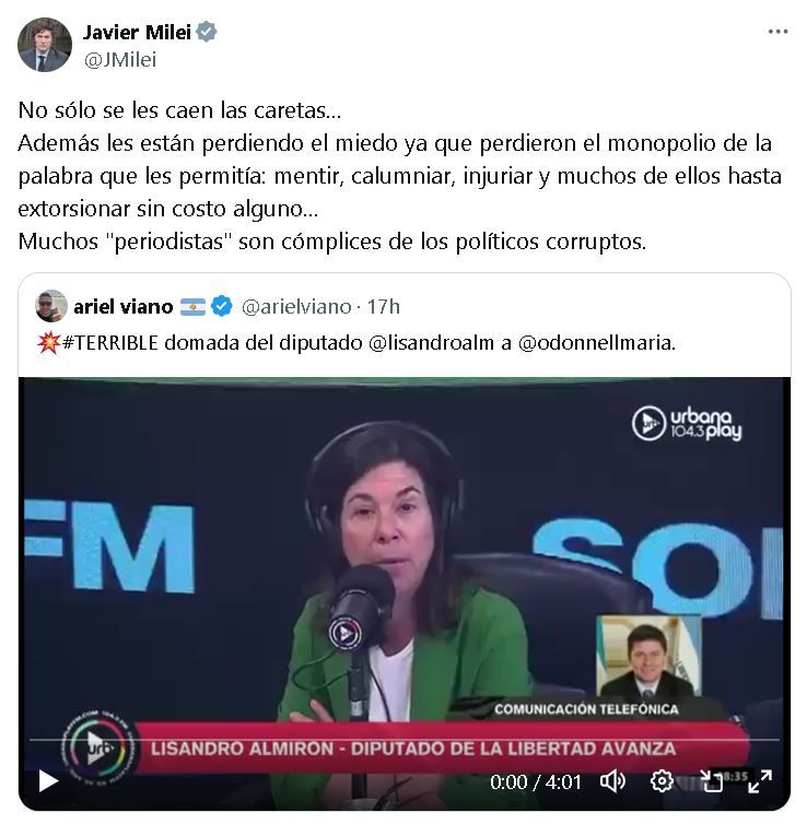 Milei redobló su ataque contra la prensa en X