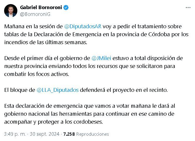 Twit Bornoroni sobre incendios en Córdoba