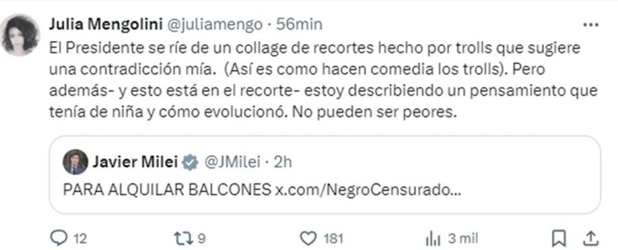 Julia Mengolini contra Javier Milei 2