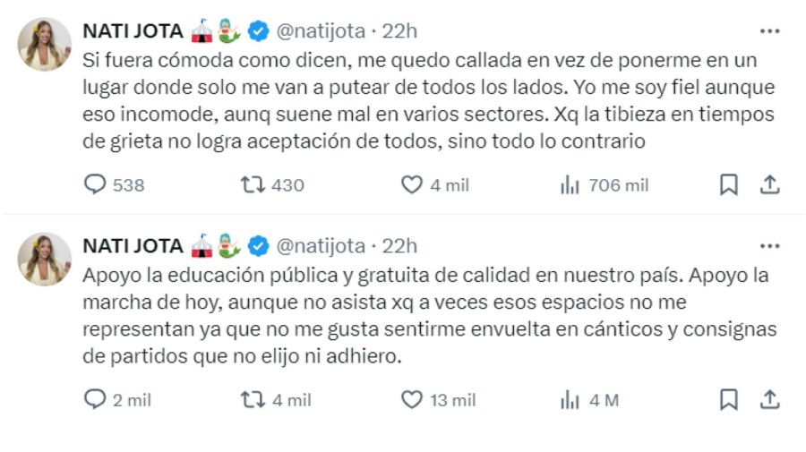 La postura de Nati Jota sobre la marcha universitaria