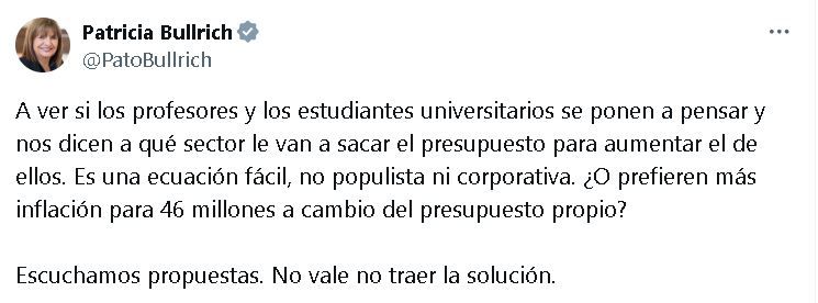 Patricia Bullrich desafió a las universidades en X