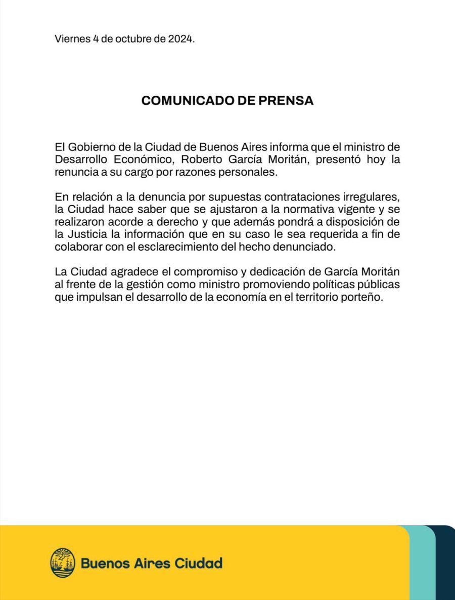 Comunicado del gobierno porteño sobre la renuncia de Moritan