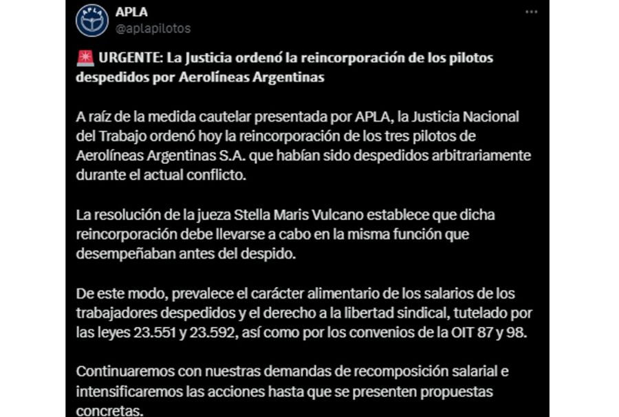 Comunicado del gremio de pilotos APLA 20241007