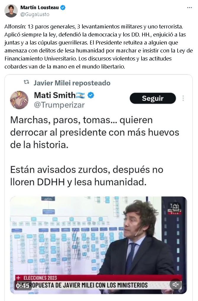 Twit de Martín Lousteau recordando a Raúl Alfonsin