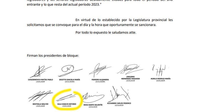 Firma del legislador Sala en la carta de la oposición