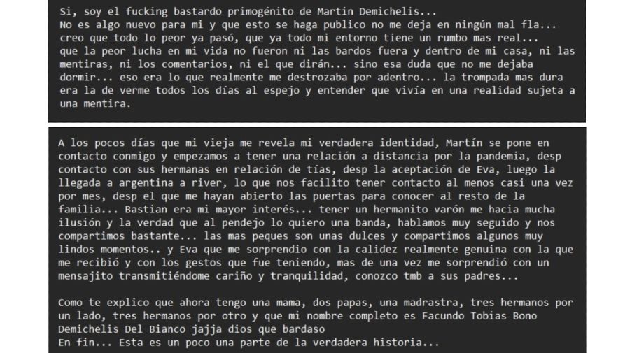 El descargo de Facundo Bono, hijo de Martin Demichelis