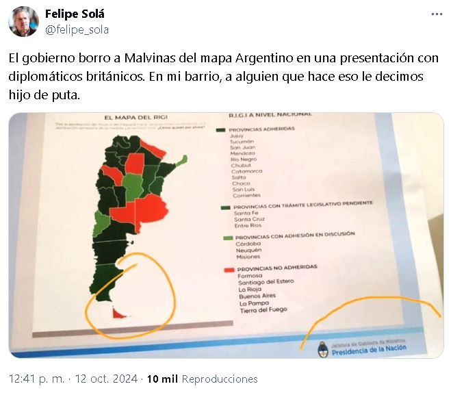 Tuit Felipe Solá sobre Malvinas