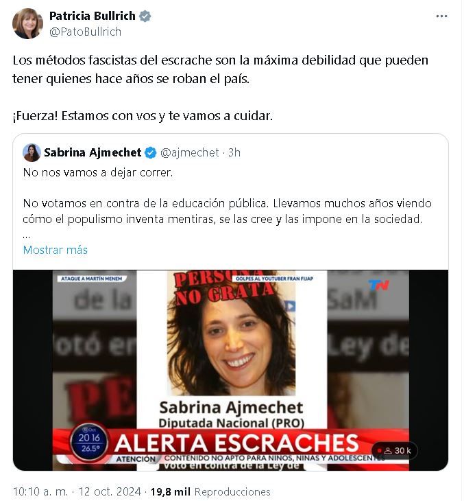 Twit de Patricia Bullrich en defensa de Sabrina Ajmechet