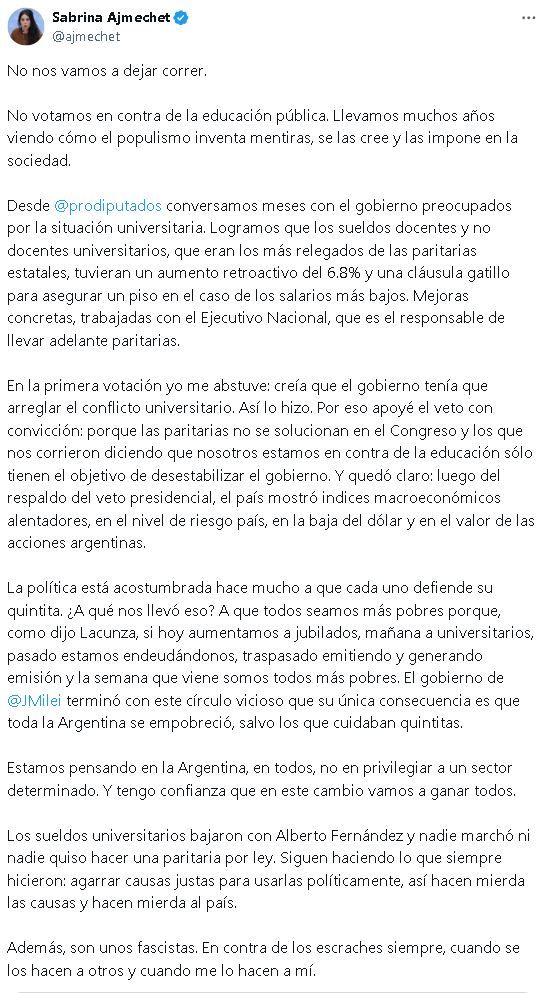 Twit de Sabrina Ajmechet en defensa del veto a la ley de financiamiento universitario