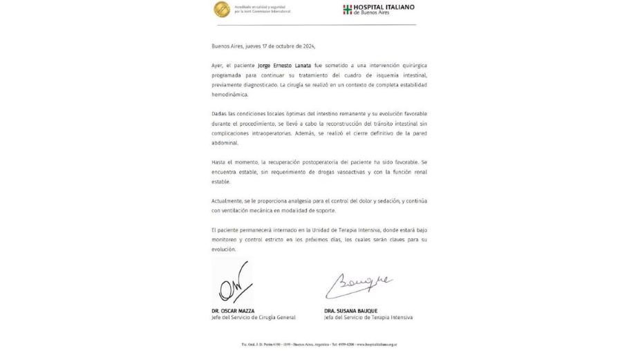 Parte Medico Jorge Lanata 17 de octubre de 2024