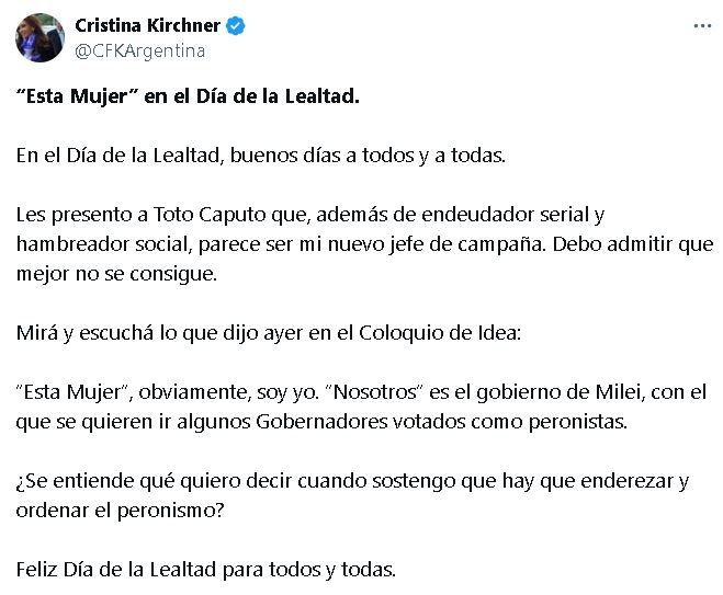 Tuit de Cristina Fernández de Kirchner por el Día de la Lealtad 2024