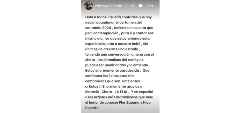 Coy Scaglione renunció al Cantando 2024