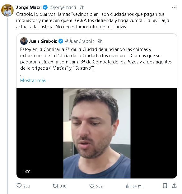 Tuit Jorge Macri en respuesta a Juan Grabois