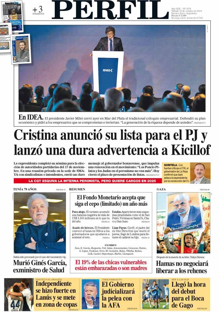 La tapa del Diario PERFIL del sábado 19 de octubre de 2024