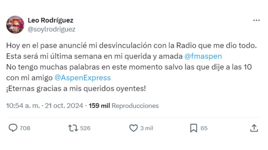 Leo Rodríguez anunció su salida de Aspen