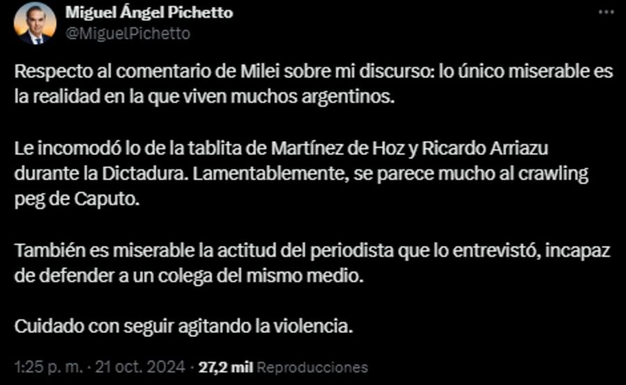 Tuit de Miguel Ángel Pichetto 20241021