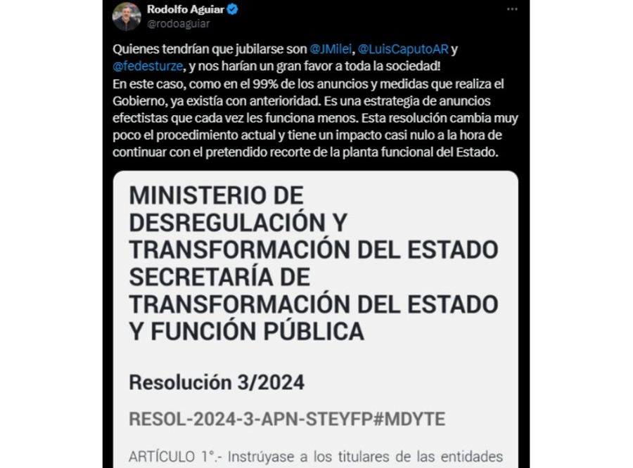 El tuit de Rodolfo Aguiar (ATE) contra el Gobierno 20241023