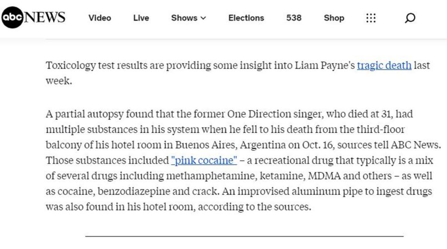 Informe de ABC News sobre analisis toxicologicos de Liam Payne