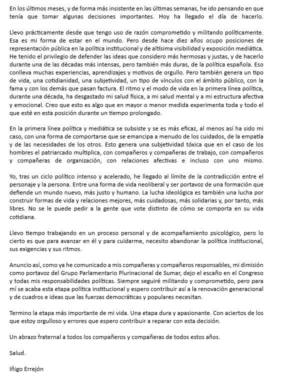 Carta de dimisión de Iñigo Errejón