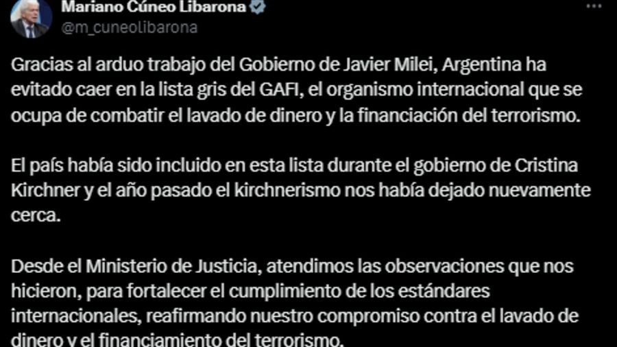 Mensaje de Cúneo Libarona sobre la resolución del GAFI 20241023