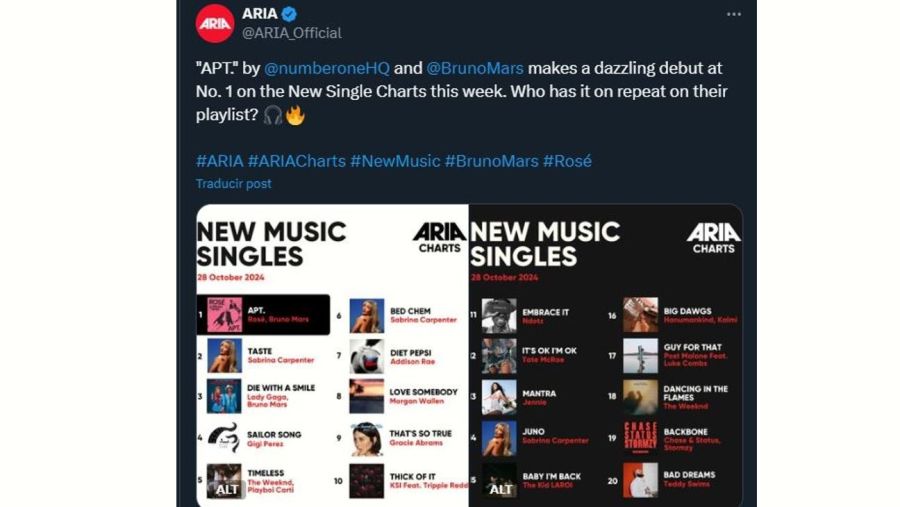 Rosé y Bruno Mars lideran el chart de Australia con APT