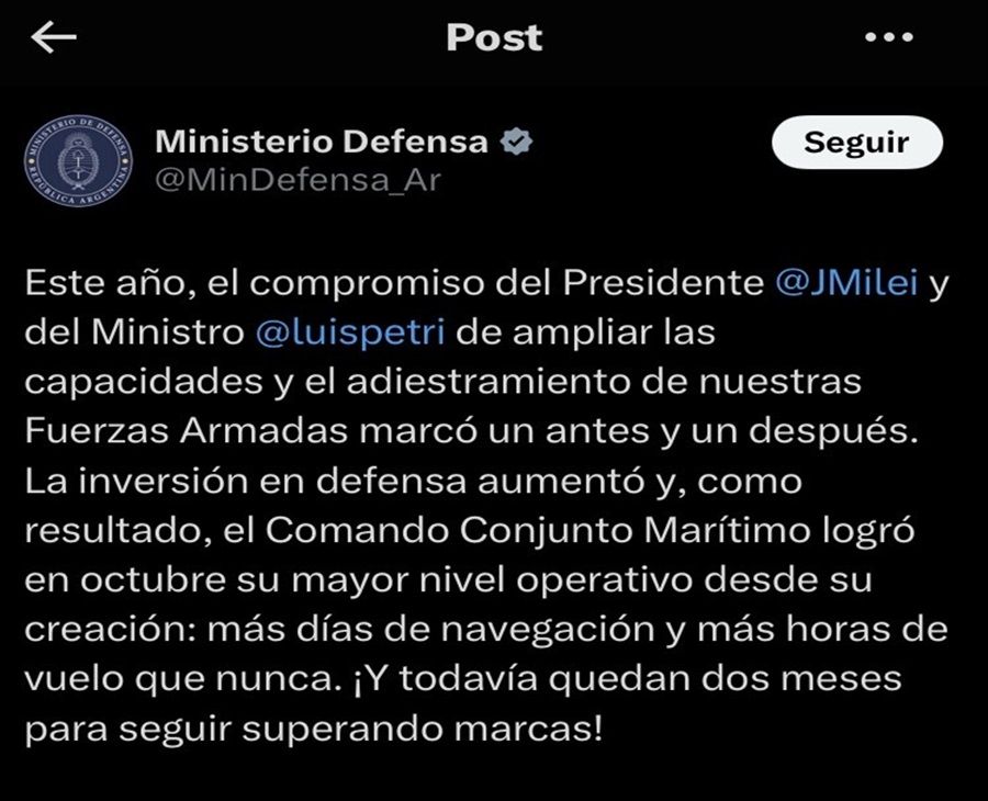 Tuit del Ministerio de Defensa