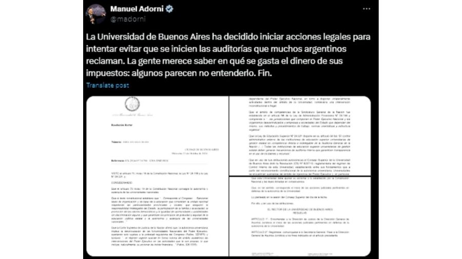 Manuel Adorni sobre la denuncia de la UBA 20241025