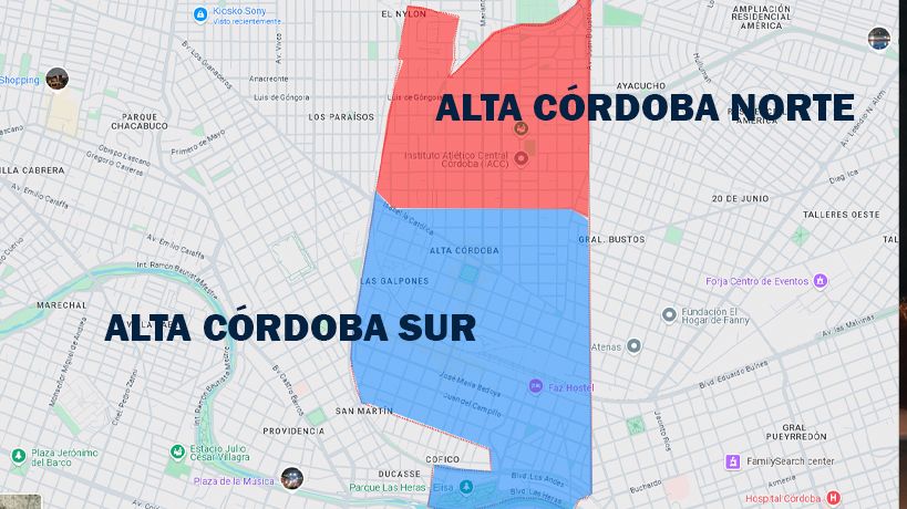 Mapa de Alta Córdoba Dividida en Norte y Sur