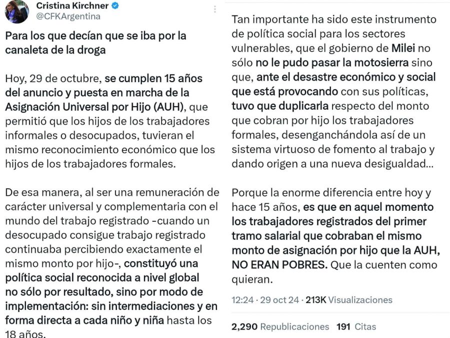 El tuit de Cristina Kirchner por los 15 años de la AUH 20241029