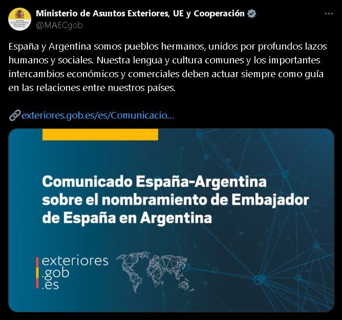 Tuit Ministerio de Asuntos Exteriores de España sobre el nuevo embajador en Argentina