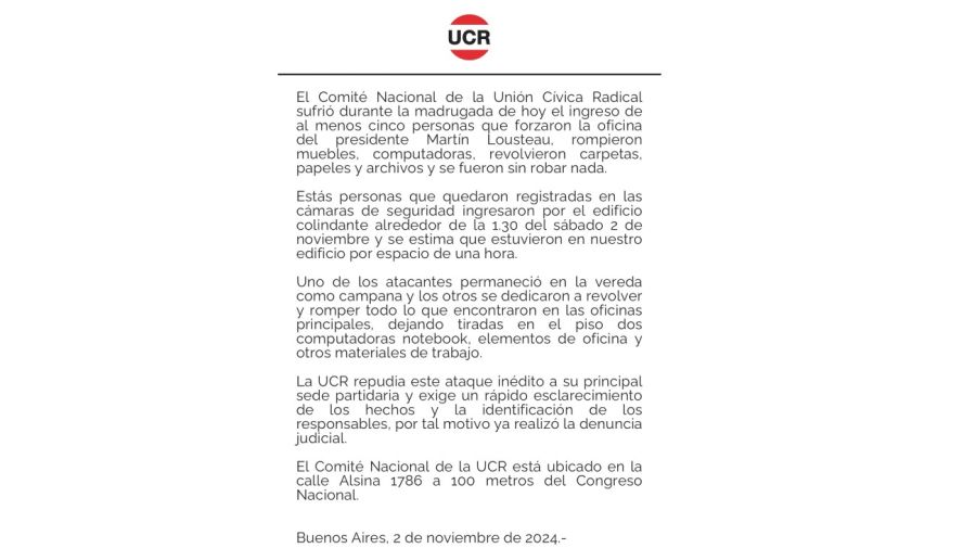 20241102 Comunicado de la UCR por el ataque a la sede del partido