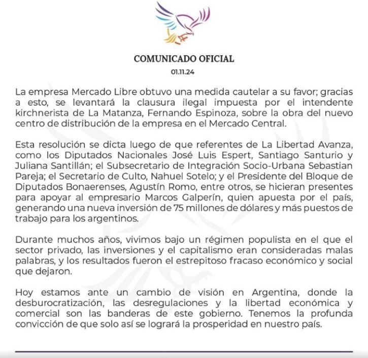 Comunicado de LLA por la cautelar a favor de Mercado Libre