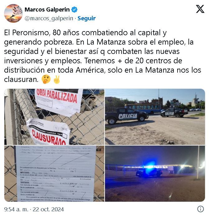 Tuit de Marcos Galperín sobre clausura del precio de Mercado Libre en La Matanza