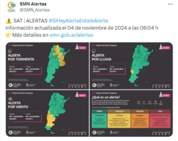 El posteo en X del SMN con la alerta en las zonas afectadas.