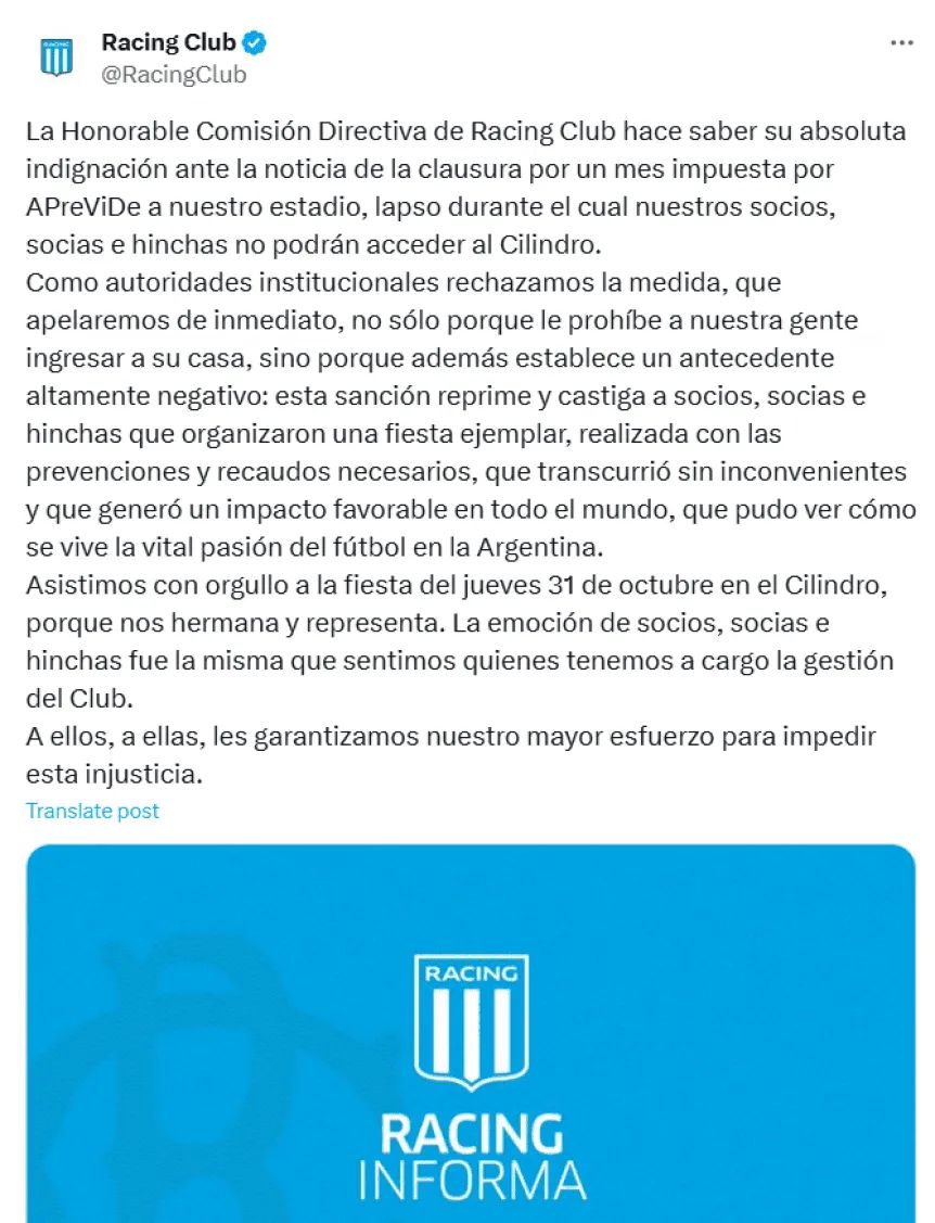 Comunicado Racing