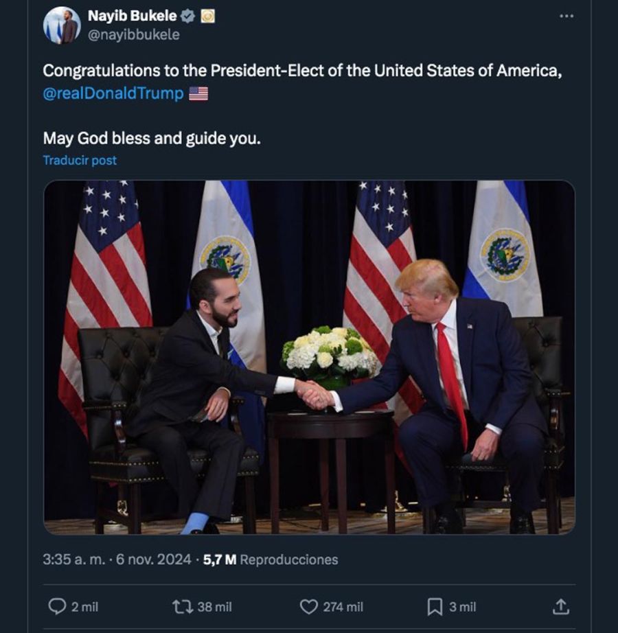 Mensaje de Nayib Bukele felicitando a Donald Trump. 