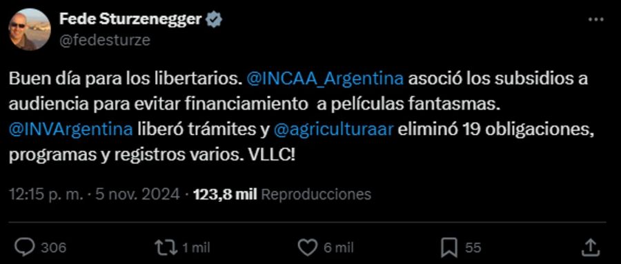 Tuit de Federico Sturzenegger sobre el INCAA 20241106