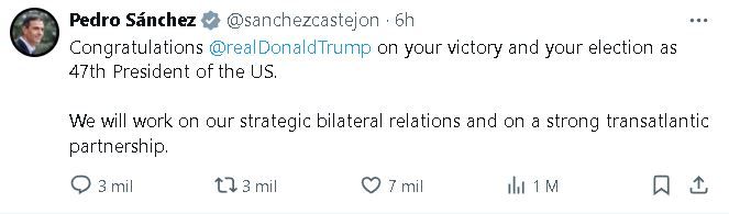 Tuit Pedro Sánchez felicitando a Donald Trump