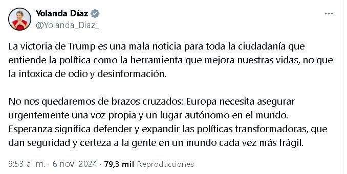 Tuit Yolanda Díaz contra Donald Trump