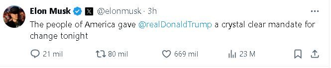 Tuits de Elon Musk por el triunfo de Donald Trump