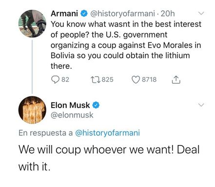 El comentario de Elon Musk en el marco del golpe de Estado en Bolivia.