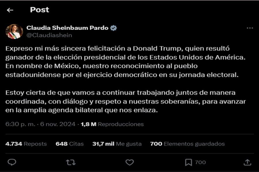 La presidenta de México, Claudia Sheinbaum felicitó a Donald Trump