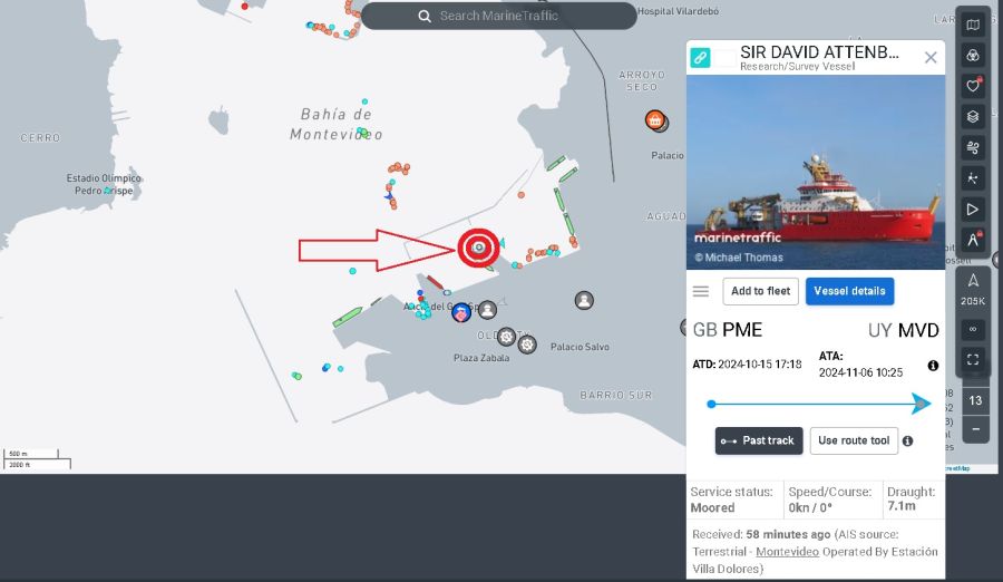 Mapa Actual coon la ubicación del buque británico Sir David Attenborough