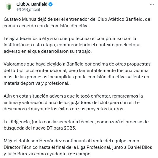 Banfield comunicado