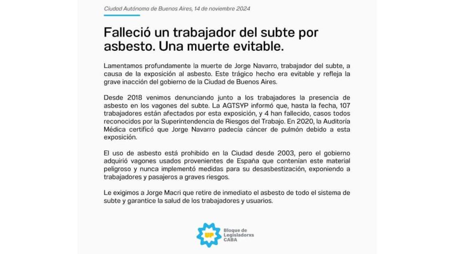 Fallecio un trabajador del subte por Asbesto 20241114