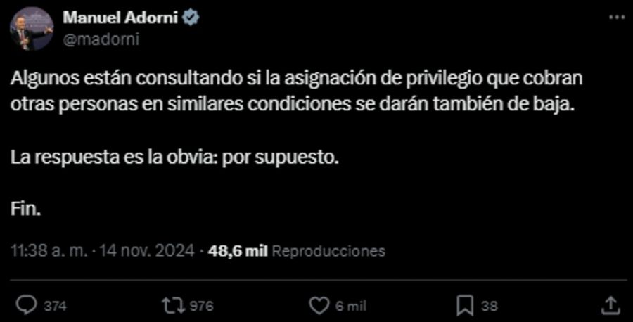 Tuit de Adorni sobre condena de CFK 20241114